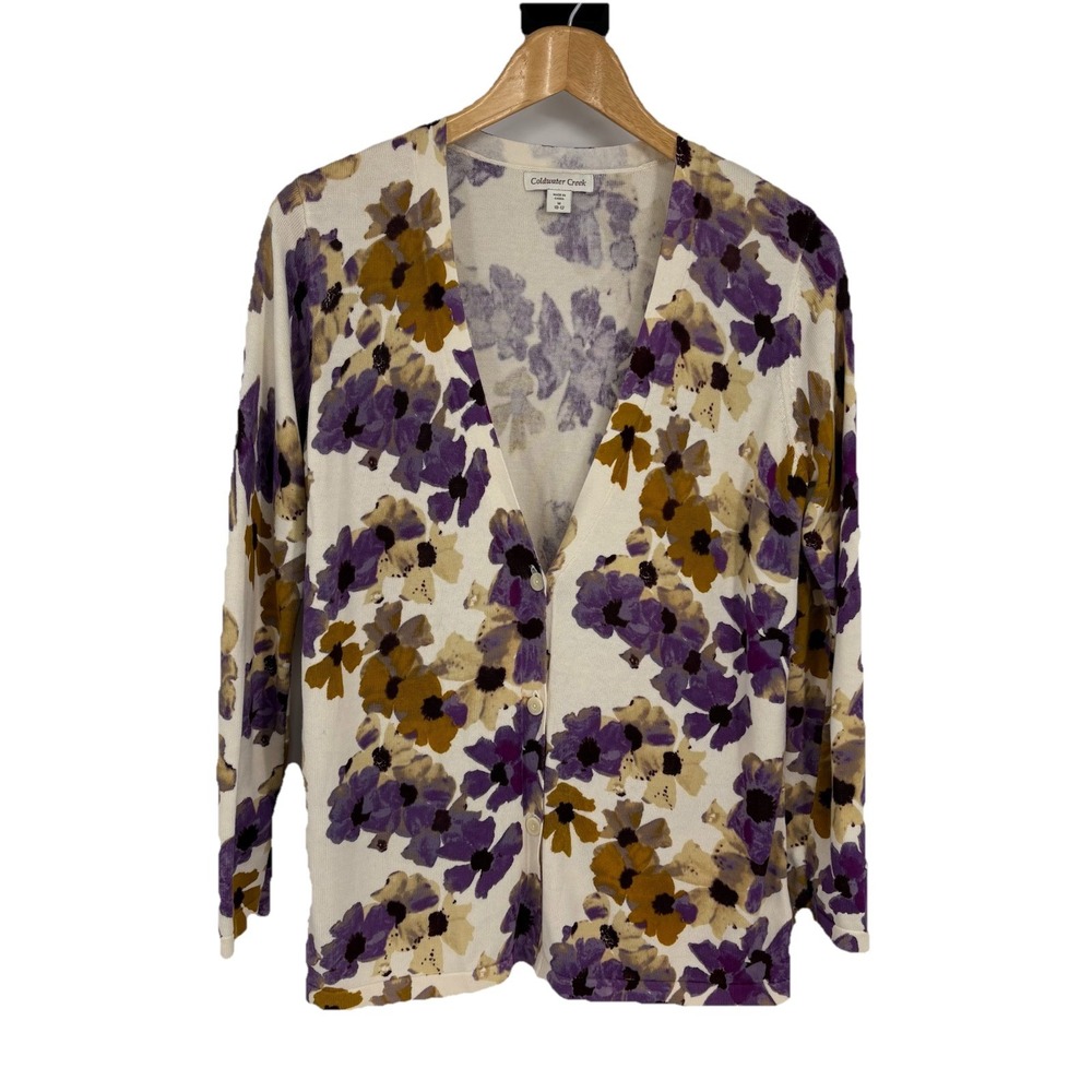 Coldwater Creek Womens Button Up Cardigan‎ Medium Floral Cotton Blend Feminine